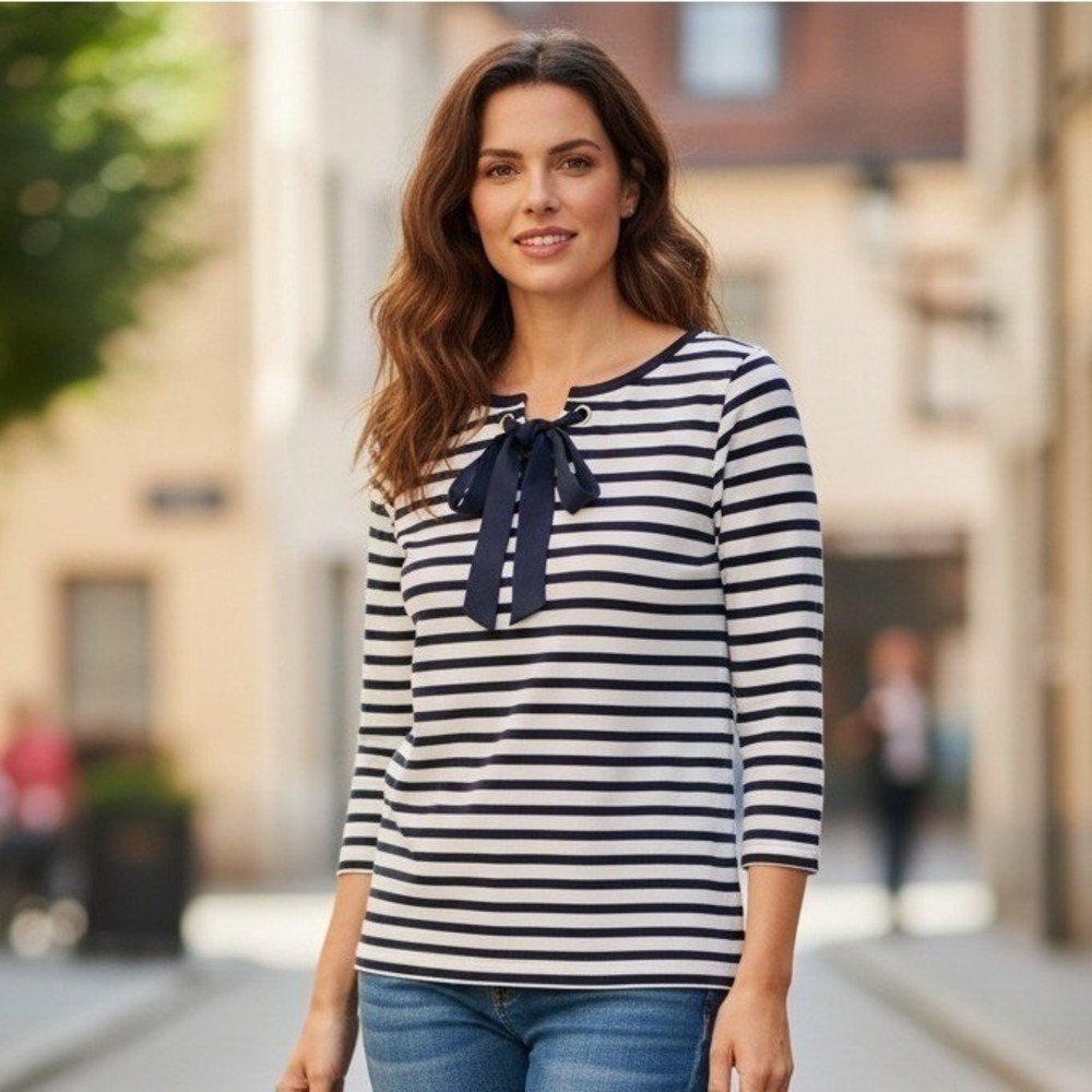 Talbots Womens XS Navy White Striped Lace Up Grommet 3/4 Sleeve Cotton Knit Top